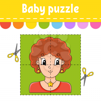 Baby puzzle. Easy level. Flash cards. Cut and play. Color activity worksheet. Game for children. Cartoon character.
