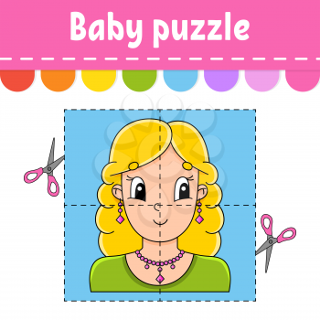Baby puzzle. Easy level. Flash cards. Cut and play. Color activity worksheet. Game for children. Cartoon character.