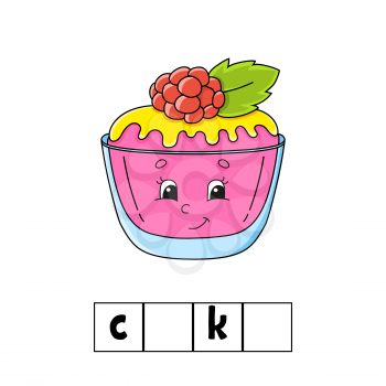 Words puzzle. Answer - cake. Education developing worksheet. Learning game for kids. Color activity page. Puzzle for children. English for preschool. Vector illustration. Cartoon style.