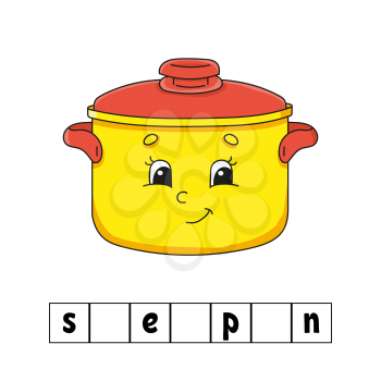 Words puzzle. Stewpan. Education developing worksheet. Learning game for kids. Color activity page. Puzzle for children. English for preschool. Vector illustration. Cartoon style.