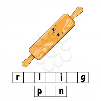Words puzzle. Rolling pin. Education developing worksheet. Learning game for kids. Color activity page. Puzzle for children. English for preschool. Vector illustration. Cartoon style.