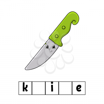 Words puzzle. Knife. Education developing worksheet. Learning game for kids. Color activity page. Puzzle for children. English for preschool. Vector illustration. Cartoon style.