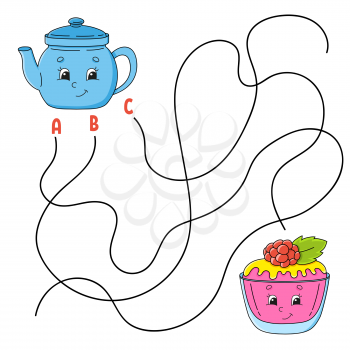 Easy maze. Teapot and cake. Labyrinth for kids. Activity worksheet. Puzzle for children. Cartoon character. Logical conundrum. Color vector illustration.