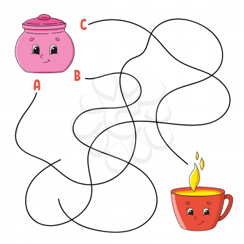 Easy maze. Sugar bowl and cup. Labyrinth for kids. Activity worksheet. Puzzle for children. Cartoon character. Logical conundrum. Color vector illustration.