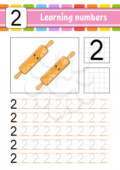 Number 2. Trace and write. Handwriting practice. Learning numbers for kids. Education developing worksheet. Activity page. Isolated vector illustration in cute cartoon style.