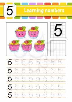 Number 5. Trace and write. Handwriting practice. Learning numbers for kids. Education developing worksheet. Activity page. Isolated vector illustration in cute cartoon style.
