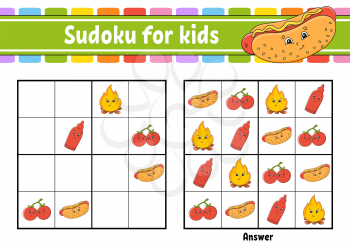 Sudoku for kids. Education developing worksheet. Cartoon character. Color activity page. Puzzle game for children. Logical thinking training. Isolated vector illustration.