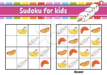 Sudoku for kids. Education developing worksheet. Cartoon character. Color activity page. Puzzle game for children. Logical thinking training. Isolated vector illustration.