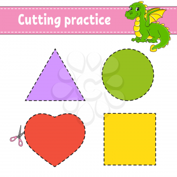 Cutting practice for kids. Education developing worksheet. Activity page with pictures. Color game for children. Isolated vector illustration. Funny character. Cartoon style.