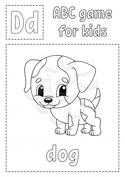 ABC game for kids. Alphabet coloring page. Cartoon character. Word and letter. Vector illustration.