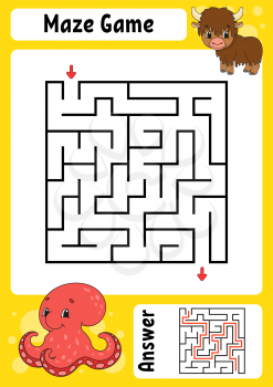 Square maze. Game for kids. Funny labyrinth. Education developing worksheet. Activity page. Puzzle for children. Cartoon style. Riddle for preschool. Logical conundrum. Color vector illustration.