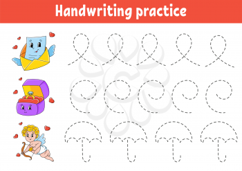 Handwriting pactice. Education developing worksheet. Activity page. Valentine's Day. Color game for children. Isolated vector illustration. Cartoon character.