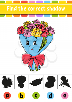 Find the correct shadow. Education developing worksheet. Activity page. Valentine's Day. Color game for children. Isolated vector illustration. Cartoon character.