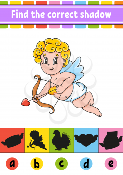 Find the correct shadow. Education developing worksheet. Activity page. Valentine's Day. Color game for children. Isolated vector illustration. Cartoon character.