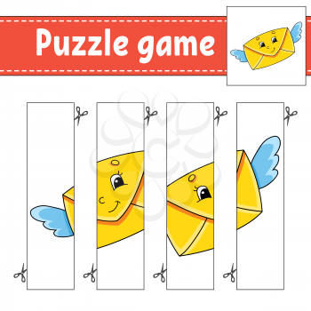 Puzzle game for kids. Cutting practice. Education developing worksheet. Activity page.Cartoon character.