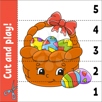 Learning numbers 1-5. Cut and play. Education worksheet. Game for kids. Color activity page. Puzzle for children. Riddle for preschool. Vector illustration. Cartoon style.