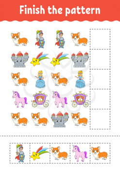 Finish the pattern. Cut and play. Education developing worksheet. Activity page.Cartoon character.