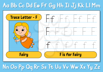 Trace letters. Writing practice. Tracing worksheet for kids. Learn alphabet. Cute character. Vector illustration. Cartoon style.