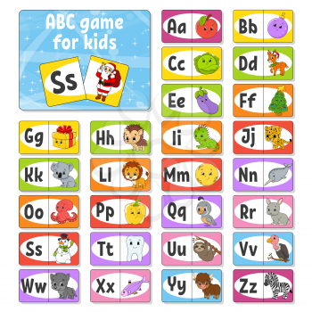 Set ABC flash cards. Alphabet for kids. Learning letters. Education developing worksheet. Activity page for study English. Color game for children. Vector illustration. Cartoon style.