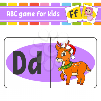 ABC flash cards. Alphabet for kids. Learning letters. Education worksheet. Activity page for study English. Color game for children. Isolated vector illustration. Cartoon style.