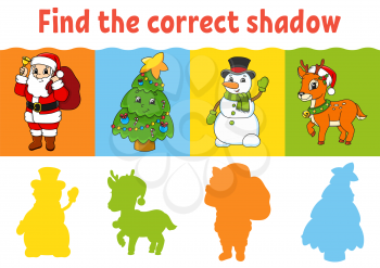 Find the correct shadow. Education worksheet. Matching game for kids. Color activity page. Puzzle for children. Cartoon character. Isolated vector illustration.