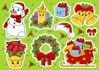 Set of stickers with cute cartoon characters. Christmas theme. Hand drawn. Colorful pack. Vector illustration. Patch badges collection. Label design elements. For daily planner, diary, organizer.