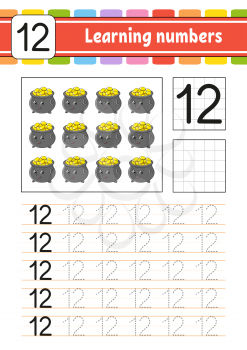 Trace and write numbers. Handwriting practice. Learning numbers for kids. Education developing worksheet. Activity page. Game for toddlers. Isolated vector illustration in cute cartoon style.