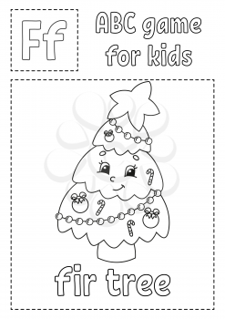 Letter F is for fir tree. ABC game for kids. Alphabet coloring page. Cartoon character. Word and letter. Vector illustration.