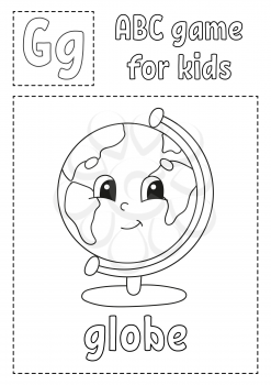 Letter G is for globe. ABC game for kids. Alphabet coloring page. Cartoon character. Word and letter. Vector illustration.