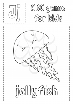 Letter J is for jellyfish. ABC game for kids. Alphabet coloring page. Cartoon character. Word and letter. Vector illustration.