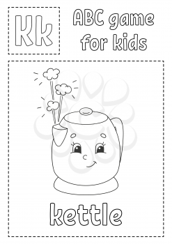 Letter K is for kettle. ABC game for kids. Alphabet coloring page. Cartoon character. Word and letter. Vector illustration.