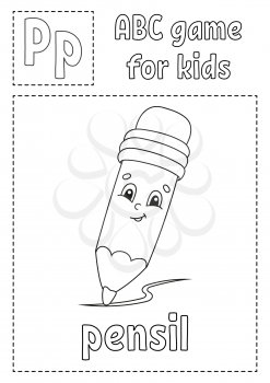Letter P is for pensil . ABC game for kids. Alphabet coloring page. Cartoon character. Word and letter. Vector illustration.