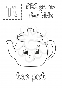 Letter T is for teapot. ABC game for kids. Alphabet coloring page. Cartoon character. Word and letter. Vector illustration.
