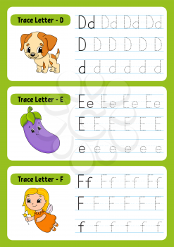 Writing letters. Tracing page. Practice sheet. Worksheet for kids. exercise for preschools. Learn alphabet. Cute characters. Vector illustration. Cartoon style.