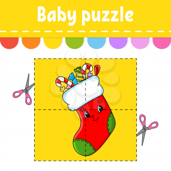 Baby puzzle. Easy level. Flash cards. Cut and play. Christmas theme. Color activity worksheet. Game for children. Cartoon character.