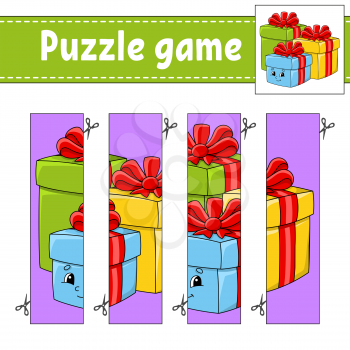 Puzzle game for kids. Cutting practice. Christmas theme. Education developing worksheet. Activity page. Cartoon character.