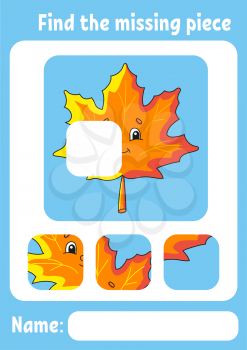 Find the missing piece. Education developing worksheet for kids. Puzzle game. Activity page. Cartoon character. Autumn theme.