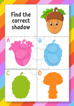 Find the correct shadow. Education developing worksheet for kids. Puzzle game. Activity page. Cartoon character. Autumn theme.