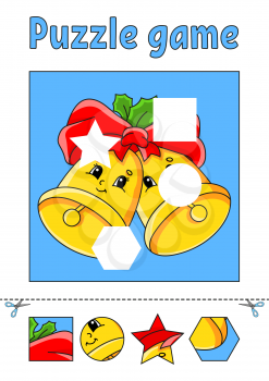 Find the missing piece. Education developing worksheet for kids. Puzzle game. Activity page. Christmas theme. Cartoon character.