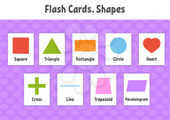 Flash cards. Learning shapes. Education developing worksheet. Activity page for kids. Color game for children. Vector illustration. Cartoon style.