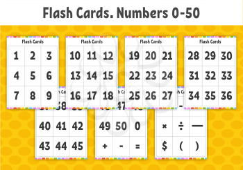 Flash cards. Learning numbers. Education developing worksheet. Activity page for kids. Color game for children. Vector illustration. Cartoon style.