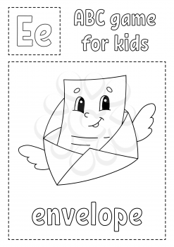 Letter E is for envelope. ABC game for kids. Alphabet coloring page. Cartoon character. Word and letter. Vector illustration.