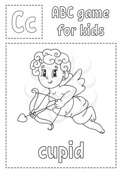 Letter C is for cupid. ABC game for kids. Alphabet coloring page. Cartoon character. Word and letter. Vector illustration.