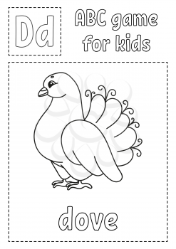 Letter D is for dove. ABC game for kids. Alphabet coloring page. Cartoon character. Word and letter. Vector illustration.
