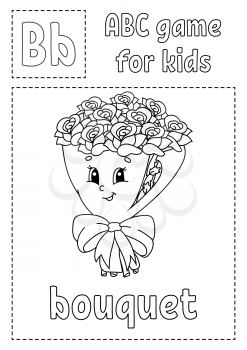 Letter B is for bouquet. ABC game for kids. Alphabet coloring page. Cartoon character. Word and letter. Vector illustration.
