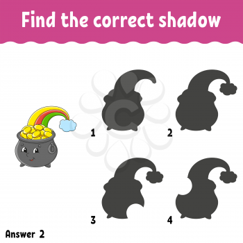 Find the correct shadow. Education developing worksheet. Matching game for kids. Activity page. Puzzle for children. Cartoon character. Isolated vector illustration. St. Patrick's day.