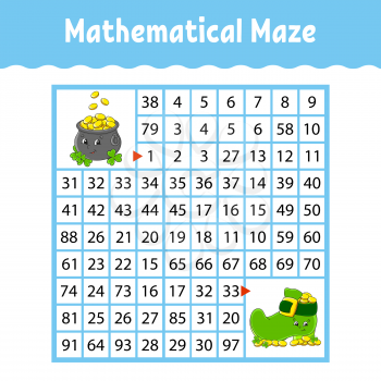 Mathematical square maze. Game for kids. Number labyrinth. Education worksheet. Activity page. Puzzle for children. Cartoon characters. Color vector illustration. St. Patrick's day.