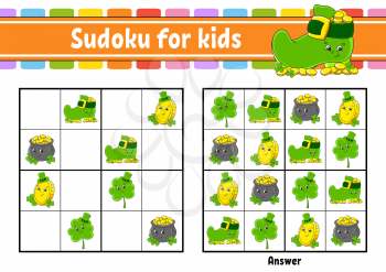 Sudoku for kids. Education developing worksheet. Cartoon character. Color activity page. Puzzle game for children. Logical thinking training. Isolated vector illustration. St. Patrick's day.