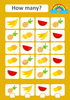 Counting game for preschool children. The study of mathematics. How many fruits in the picture.Banana, pineapple, watermelon, lemon. With a place for answers. Simple flat isolated vector illustration