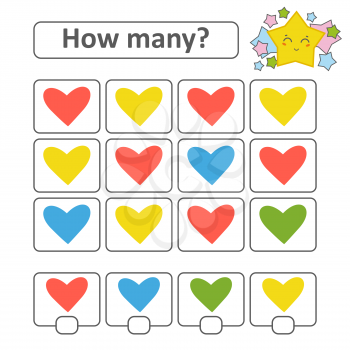 Counting game for preschool children. Count as many hearts in the picture and write down the result. With a place for answers. Simple flat isolated vector illustration